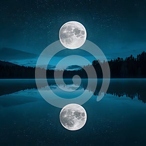 Tranquil night scene with full moon reflecting on calm lake