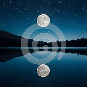 Tranquil night scene with full moon reflecting on calm lake