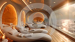 Tranquil oasis aboard cruise ship, relaxation area provides panoramic sea views, perfect for serene voyages.