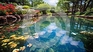 Serene Koi Pond Amidst Lush Vegetation and Blooms photo