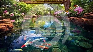 Serene Koi Pond Amidst Lush Vegetation and Blooms photo