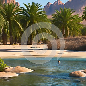 A tranquil oasis in a desert landscape, with palm trees, a flowing river, and exotic wildlife2, Generative AI