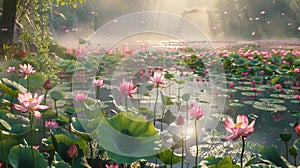 A tranquil oasis disturbed by a burst of bright flowers erupting from the gleaming lotus pond