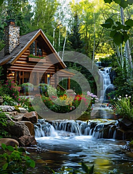 Tranquil Oasis: A Log Cabin Garden with Bubbling Waterfalls and