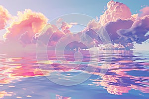 Tranquil ocean view with whimsical, pastel-hued clouds mirroring on calm waters