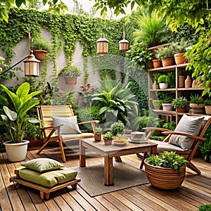 Tranquil outdoor patio oasis filled with lush greenery and comfortable seating