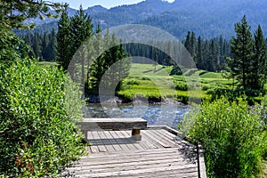 Tranquil outdoor setting with wood bench for contemplation on Soda Butte Creek, Yellowstone National Park, USA photo