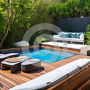 A tranquil outdoor spa area with a luxurious hot tub, a relaxation lounge, and lush greenery for privacy1, Generative AI