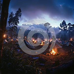 Serene dusk at a scout camp with illuminated tents and campfires under a starry sky photo