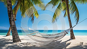 Tranquil Paradise: Swinging Hammocks Under Lush Coconut Trees photo