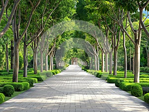 Tranquil Park Pathway Surrounded by Lush Greenery