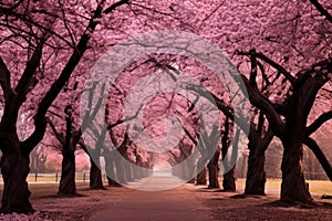 Tranquil Park pink trees bench. Generate Ai