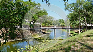 Tranquil park scene with footbridge over