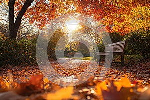 Autumn sunset park scene featuring vibrant foliage and a wooden bench serene environment photo