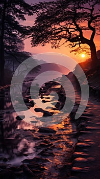 A tranquil path by a creek with rocks and trees at dusk, reflecting the sunset