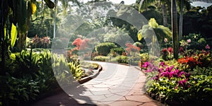 Tranquil Path through a Lush Green Garden: A Peaceful Journey of Botanical Beauty and Floral Delights in the Serene