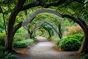 A tranquil path winding through a dense forest of tall trees with lush green foliage, Arching tree branches over a serene park