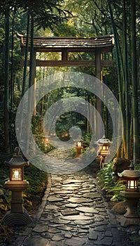 Tranquil Pathway Through Bamboo Forest with Stone Lanterns for Peaceful Exploration