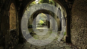 A tranquil pathway leading to a secluded sleeping chamber hidden within the monasterys quiet halls. 2d flat cartoon photo