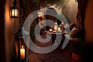Tranquil patio scene with candles burning
