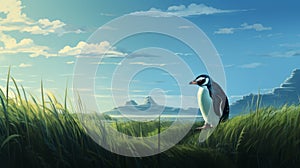 Tranquil Penguin In The Grass - Free Brushwork Matte Painting