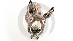 a grey donkey on white background is looking up