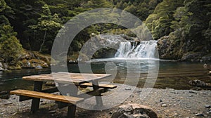 A tranquil picnic spot at the edge of a picturesque waterfall with the sound of rushing water in the background