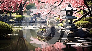 Tranquil and Picturesque Traditional Japanese Garden in Full Bloom with Cherry Blossom Trees