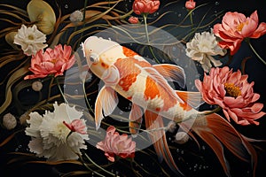 Tranquil Pond goldfish lotus. Generate Ai