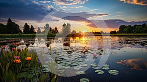 Tranquil Pond at Sunset: Reflecting Natures Serenity