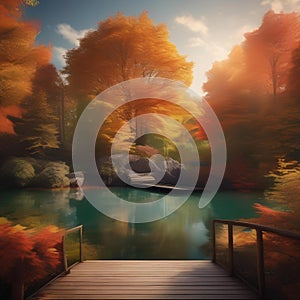 A tranquil pond surrounded by vibrant, autumn foliage, with a wooden dock stretching out into the water2