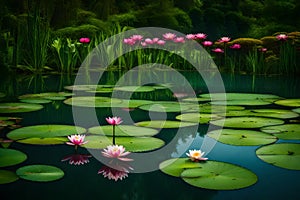 A tranquil pond with water lilies and their vivid blossoms is encircled by a dense forest.