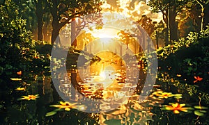 A tranquil pond where every ripple forms glowing geometric patterns, illustration photo