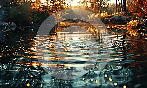 A tranquil pond where every ripple forms glowing geometric patterns, illustration photo