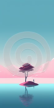 Tranquil Pool: Minimalistic Mobile Wallpaper With Silhouetted Tree And Lone Mountain
