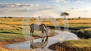 A tranquil pool of water, a zebra quenches its thirst of African. Generative AI