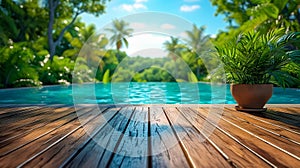 Tranquil Poolside View with Wooden Deck and Tropical Plant. Travel and holiday concept photo
