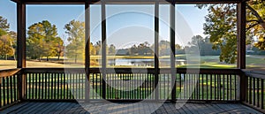 Tranquil Porch View with Golf Course Vista in Autumn.. Concept Outdoor Photoshoot, Fall Colors,