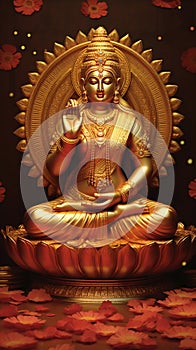 Tranquil Portrayal of Lakshmi, Hindu Goddess of Wealth, Seated on Lotus with Flowing Gold Coins. Generative ai