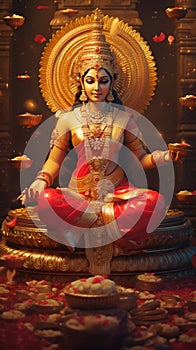 Tranquil Portrayal of Lakshmi, Hindu Goddess of Wealth, Seated on Lotus with Flowing Gold Coins. Generative ai