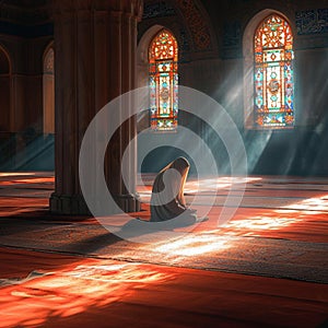 Tranquil prayer Islamic photo of man praying in mosque sunlight