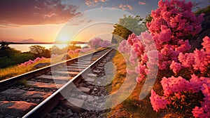 Tranquil Railway Passing By Beautiful Coral Flowers At Sunset