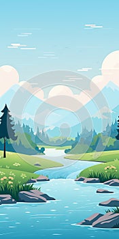 Tranquil Rapids: Minimalistic Cartoon Landscape Wallpaper