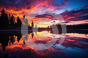 A tranquil reflection of a colorful sunset on a tranquil lake