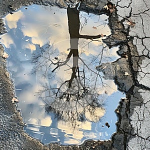 Tranquil Reflections: Arafed Tree in Rainwater Puddle