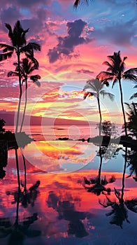 A tranquil reflective pool mirrors a stunning sunset and swaying palm trees, offering a perfect symphony of colors in a