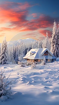 Tranquil Retreat: A Cozy Cabin in the Snowy Woods at Sunset