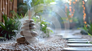 tranquil retreat setting with smooth stones, incense sticks banner promoting mindfulness and balance with copy space for