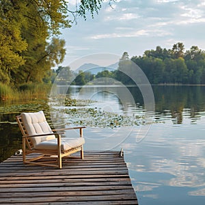 Tranquil retreat Wooden dock with a lounge chair on a calm lake