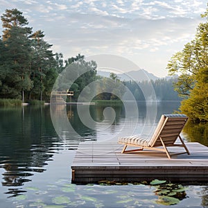 Tranquil retreat Wooden dock with a lounge chair on a calm lake